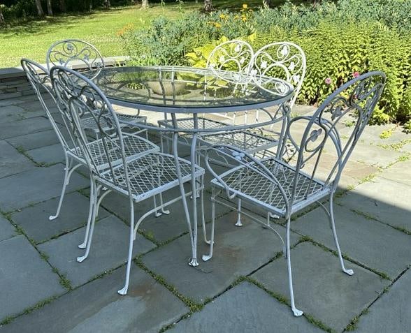 Quality vintage white iron outdoor table & 6 chairs including 2 armchairs, structurally sound,from (1 of 5)