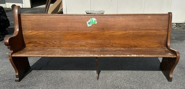 Circa 1900 oak pew from synagogue with Star of David carved on one end, measures 89" long X 20" D X (1 of 4)