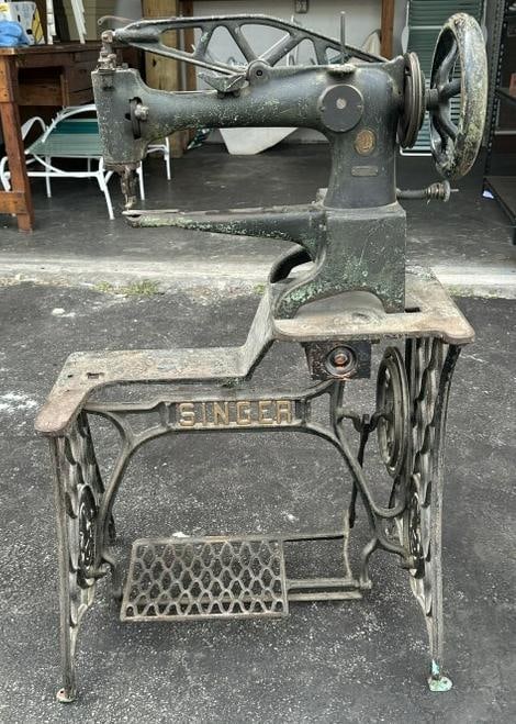 Early iron singer sewing machine w/treadle base from old shoe makers shop in Hudson Valley, (1 of 2)