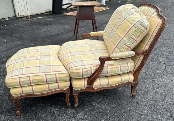 Decorative upholstered chaise lounge & ottoman, light stain to the ottoman, structurally sound, just: Decorative upholstered chaise lounge & ottoman, light stain to the ottoman, structurally sound, just as we found it in local estate