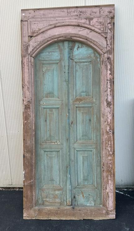 Wonderful early painted 2 door doorway, with blue doors and salmon frame, origin unknown, measures (1 of 2)
