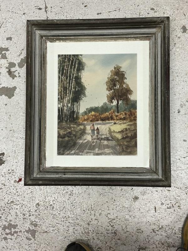 Rolandas Vilkauskas (Born 1963) watercolor landscape with Mother & child walking down the road,: Rolandas Vilkauskas (Born 1963) watercolor landscape with Mother & child walking down the road, signed lower right, from Hudson Valley estate, very nice condition. Painting measures 14" x 12", the fra