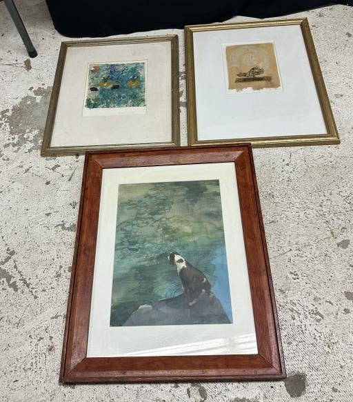 (3) pc. Estate contemporary art lot to include a watercolor of dog signed ( G. Baron ), and (2): (3) pc. Estate contemporary art lot to include a watercolor of dog signed ( G. Baron ), and (2) mixed media collages( Williams 2003 ) & signed illegibly is the one with a café table and chairs……F