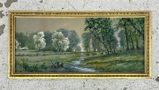 Edmund Darch Lewis (1835 - 1910) w/c & gouache landscape with farmer and cows, signed lower right: Edmund Darch Lewis (1835 - 1910) w/c & gouache landscape with farmer and cows, signed lower right and dated 1887. The painting measures 9" x 20", nice estate condition, from Hudson Valley estate.