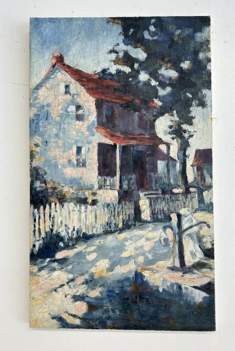 Impressionist o/c with house and white picket fence, well executed, unsigned, from Pennsylvania area (1 of 3)