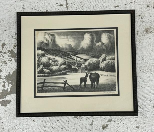 Philip Cheney (1897 - 1992) signed lithograph titled ( VERMONT VILLAGE ). Has small light water (1 of 3)
