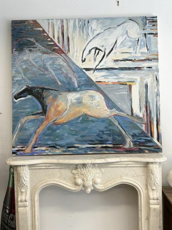 Large impressionist o/c with horses, unsigned, from Hudson Valley estate, painting measures 51" x (1 of 3)