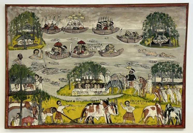 Folk Art - Outsider Art o/c busy scene with people in boats, with animals, etc. From local estate, (1 of 4)