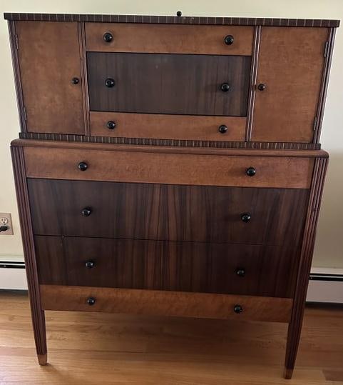 Wonderful Deco era tall inlaid dresser, looks like walnut and maple, looks like black bakelite round (1 of 1)
