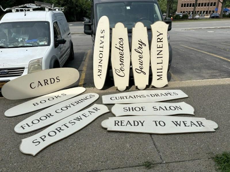 (11) handpainted wood double sided 1950's Department Store signs, found in Hudson Valley, includes (1 of 6)