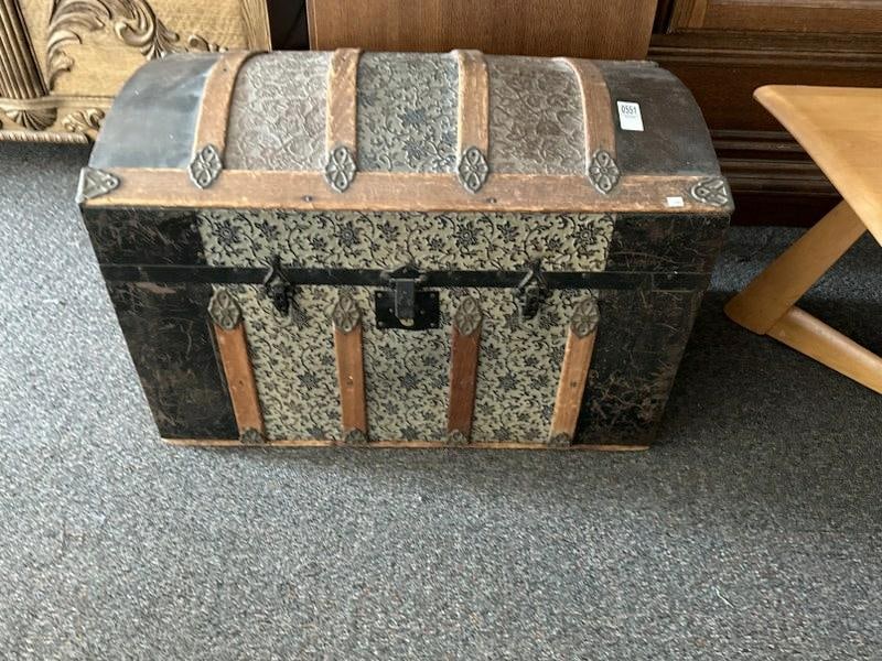 Nice old victorian dome top trunk w/filled interior, structurally sound, measures 28" long X 17" D X (1 of 2)