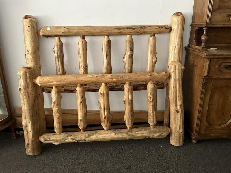 Wonderful contemporary adirondack bed, headboard & footboard w/rails, measures 64" W, headboard is: Wonderful contemporary adirondack bed, headboard & footboard w/rails, measures 64" W, headboard is 56" H, footboard is 37" H, appears to be made out of cedar