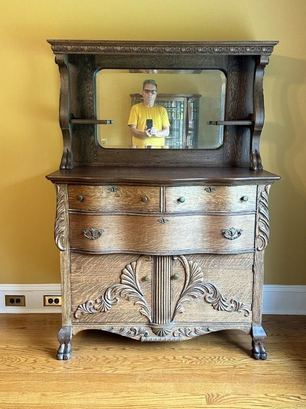 Circa 1900 carved oak sideboard w/mirror & claw feet, older refinish, from local estate, measures 63 (1 of 2)