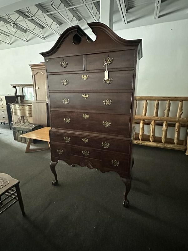 Period mahogany 2 part highboy, original brass pulls, ball & claw feet, 1 leg glued back by us, just (1 of 4)