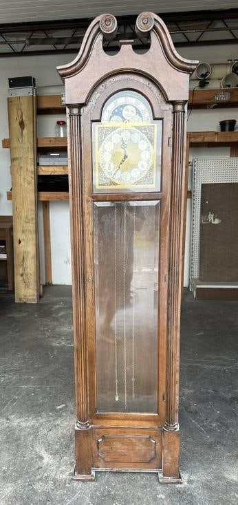 Contemporary grandfather clock from Brooklyn estate, looks like pecan case, has weights and (1 of 2)
