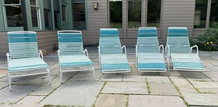 5 quality little use outdoor chaise lounges w/iron base, includes 2 that rock & 3 with adjustable (1 of 3)