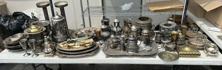 Very big lot SILVERPLATE, some brass mixed in, from estate in Boston area, great lot for dealer to (1 of 8)