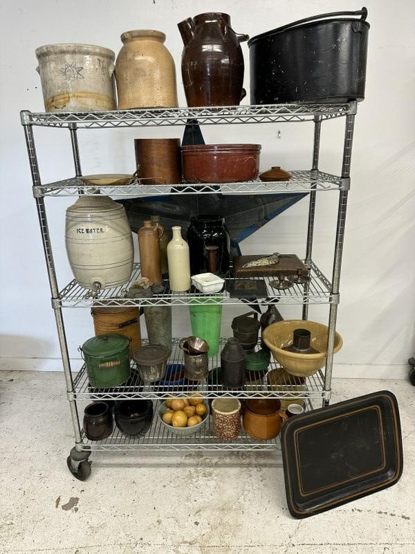 Big misc. country home lot from Hudson Valley, to include mixing bowls, tinware, tray, stoneware, (1 of 12)