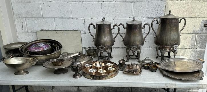 Big lot estate silverplate from Boston estate, just as we found it, including (3) large beverage (1 of 7)