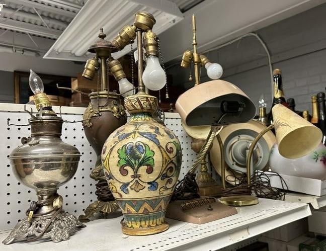 Estate lot older lamps, good lot for dealer to sort out, fix and re sell, from Hudson Valley estate,: Estate lot older lamps, good lot for dealer to sort out, fix and re sell, from Hudson Valley estate, nice base with dolphin……just as we found them, includes Mid Century….
