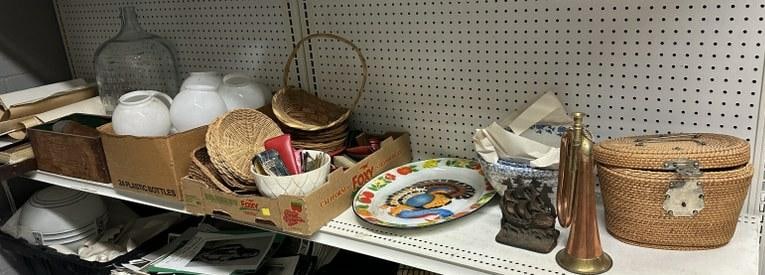 Big estate misc. lot to incl. prints, game board, Asian tea set in basket, bookends, etc. as (1 of 13)