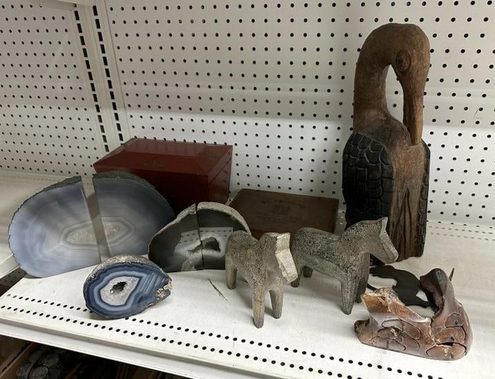 Misc. estate lot, polished stone bookends, carved bird, small wood folk art tree branch with (1 of 8)