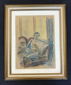 Raphael Soyer (1899 - 1987) signed pencil & crayon drawing woman reading newspaper on sofa, signed