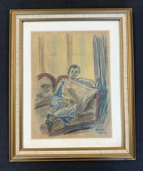 Raphael Soyer (1899 - 1987) signed pencil & crayon drawing woman reading newspaper on sofa, signed (1 of 3)