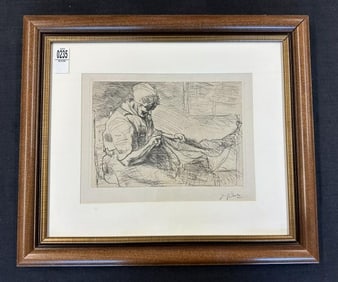 Josef Israels (1824 - 1911) etching of woman mending fishing nets, stamped signature lower right.