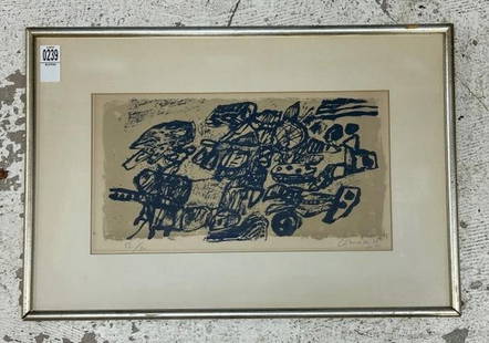Guillaume Corneille (1922 - 2010) signed Mid Century abstract lithograph, Number 52 of 80. ( dated: Guillaume Corneille (1922 - 2010) signed Mid Century abstract lithograph, Number 52 of 80. ( dated 1962 ), in nice estate condition, from Hudson Valley estate. Print measures 9" x 15", the frame measu