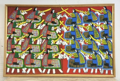 Antonio Poteiro (1922 - 2010)  large o/c with men on camels with swords, signed lower right, dated