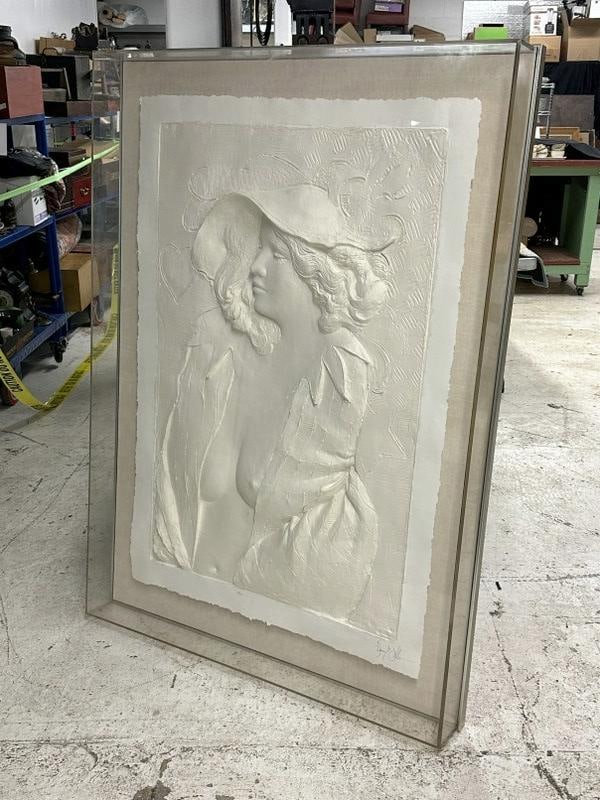 Frank Gallo (1933 - 2019) Embossed. Huge Cast Paper Relief Sculpture entitled ''Actress''. Acrylic: Frank Gallo (1933 - 2019) Embossed. Huge Cast Paper Relief Sculpture entitled ''Actress''. Acrylic Box Framing. Signed in pencil lower right. Number 108 of 250. From estate of Fashion Photographer Bol