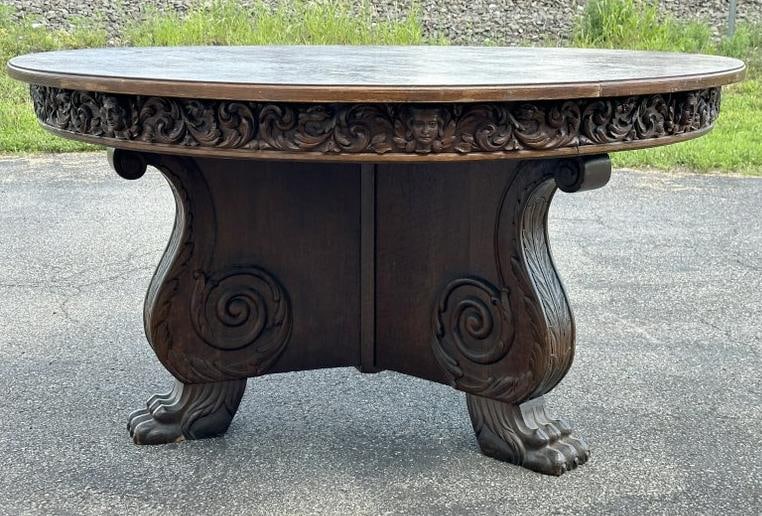 Wonderful circa 1910 carved oak pedestal dining table with cleaw feet, carved apron with faces, nice (1 of 5)