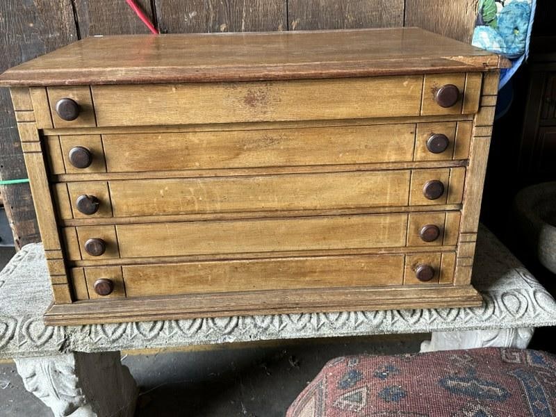 (5) drawer turn of the century spool cabinet ( missing small piece of top trim on top right corner: (5) drawer turn of the century spool cabinet ( missing small piece of top trim on top right corner ), from Hudson Valley estate, measures 16" high x 28" wide x 17.75" deep.