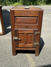 Circa 1900 oak small size ice box, structurally sound, from local estate, missing flap door on base,