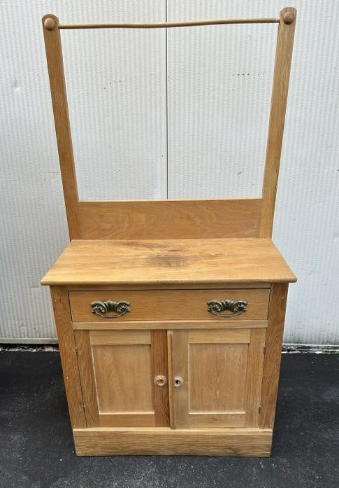 Circa 1900 oak washstand with towel bar, strucrually sound, from local estate, measures 52.25" high (1 of 1)