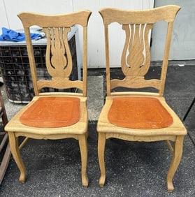 (2) circa 1910 oak chairs, nice condition, structurally sound. From local estate, measure 39" high x