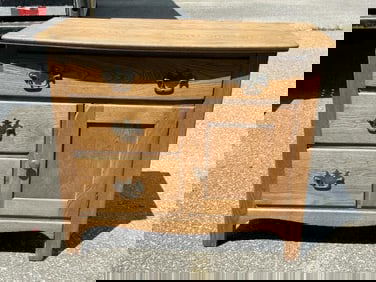 Oak washstand, structurally sound, from local estate, measures 27.75" high x 32" wide x 17" deep.