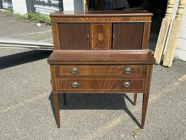Nice mahogany tambour desk with pull down writing surface and inlay. From Hudson Valley estate, nice