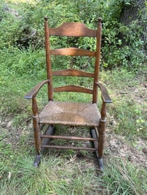 Early pegged construction rocking chair from Hudson Valley estate, rush seat, structurally sound.