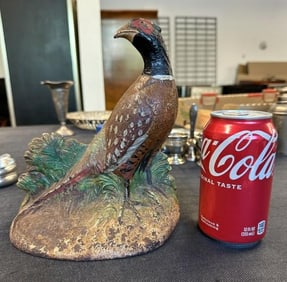 Cast iron pheasant doorstop, retains most of its original paint, from Hudson Valley estate, measures