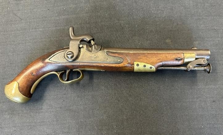 Early black powder pistol, ( has TOWER ) stamped, and illegible hallmarks, will picture what we: Early black powder pistol, ( has TOWER ) stamped, and illegible hallmarks, will picture what we see….found in local estate in Hudson Valley, measures 15" long. Made of walnut with brass and iron.