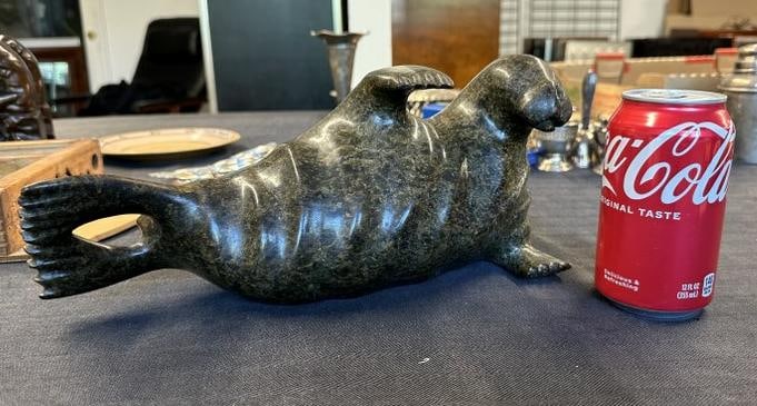 Inuit carved stone 12" long walrus, signed illegibly on bottom with sticker as pictured, very nice (1 of 7)