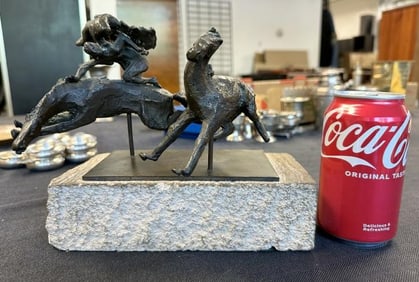 Impressionist bronze with 2 horses, one with figures on top, unsigned, on cast stone base, from