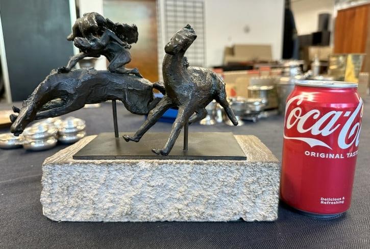 Impressionist bronze with 2 horses, one with figures on top, unsigned, on cast stone base, from (1 of 4)