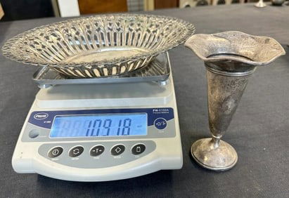 Estate lot to include (800) tested fancy filigree silver bowl and weighted sterling silver vase (