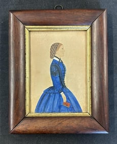 19th c watercolor of woman holding a book, ( on the book is HYMNS 1862 ), estate information on back