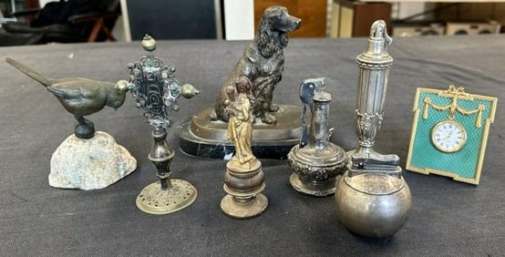 Misc. estate lot to include bronze setter on marble base, bronze bird on stone base, 3 old lighters,