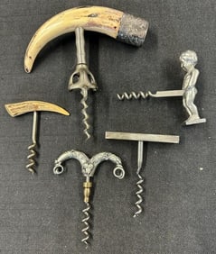 (5) pc. Corkscrew lot to include as pictured, ( one with the rectangular bar top is hallmarked and