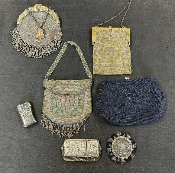 Estate ladies accessories lot to include beaded bags and (2) coins purses and silverplate match (1 of 5)